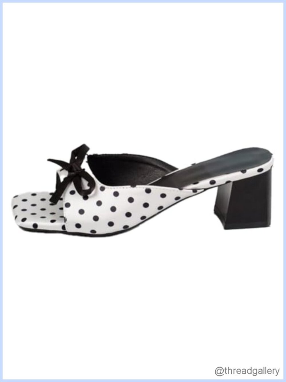 Faux Leather Polka Dot Bow Mule Heeled Sandals Square Toe Slip On